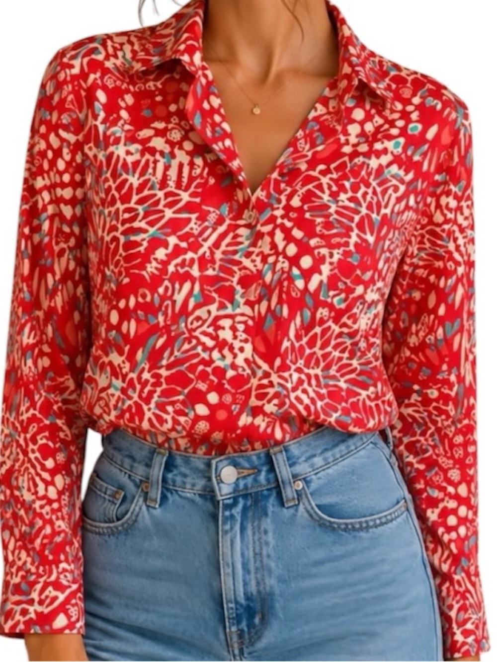 100% Silk Art Print Blouse Coral Pink Botanical Button Front Top Size S